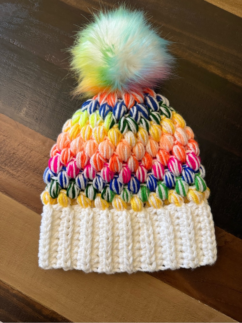 Rainbow Pom Beanie Hat - White Multicolor